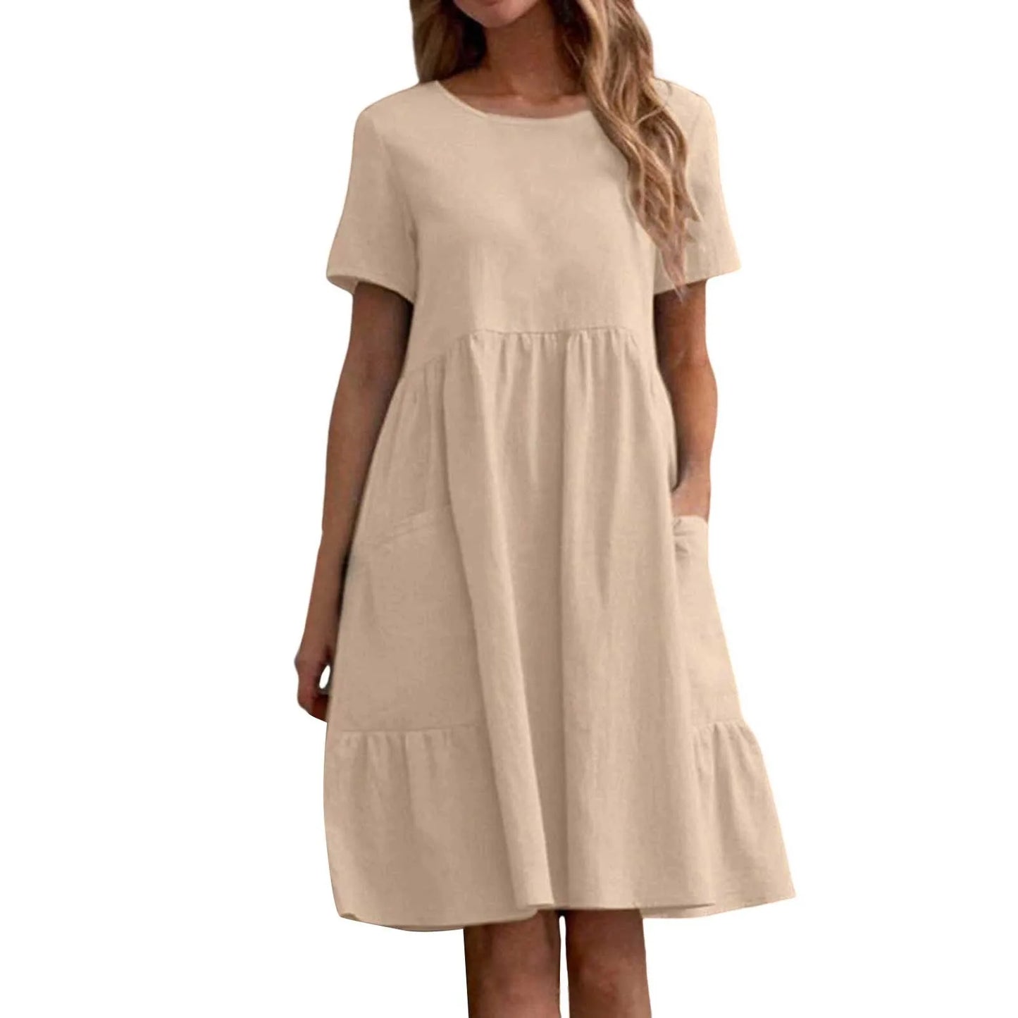 Evening Dresses Outfits Women Fashion Solid Vintage Cotton And Linen Loose Pocket Round Neck Short Sleeve