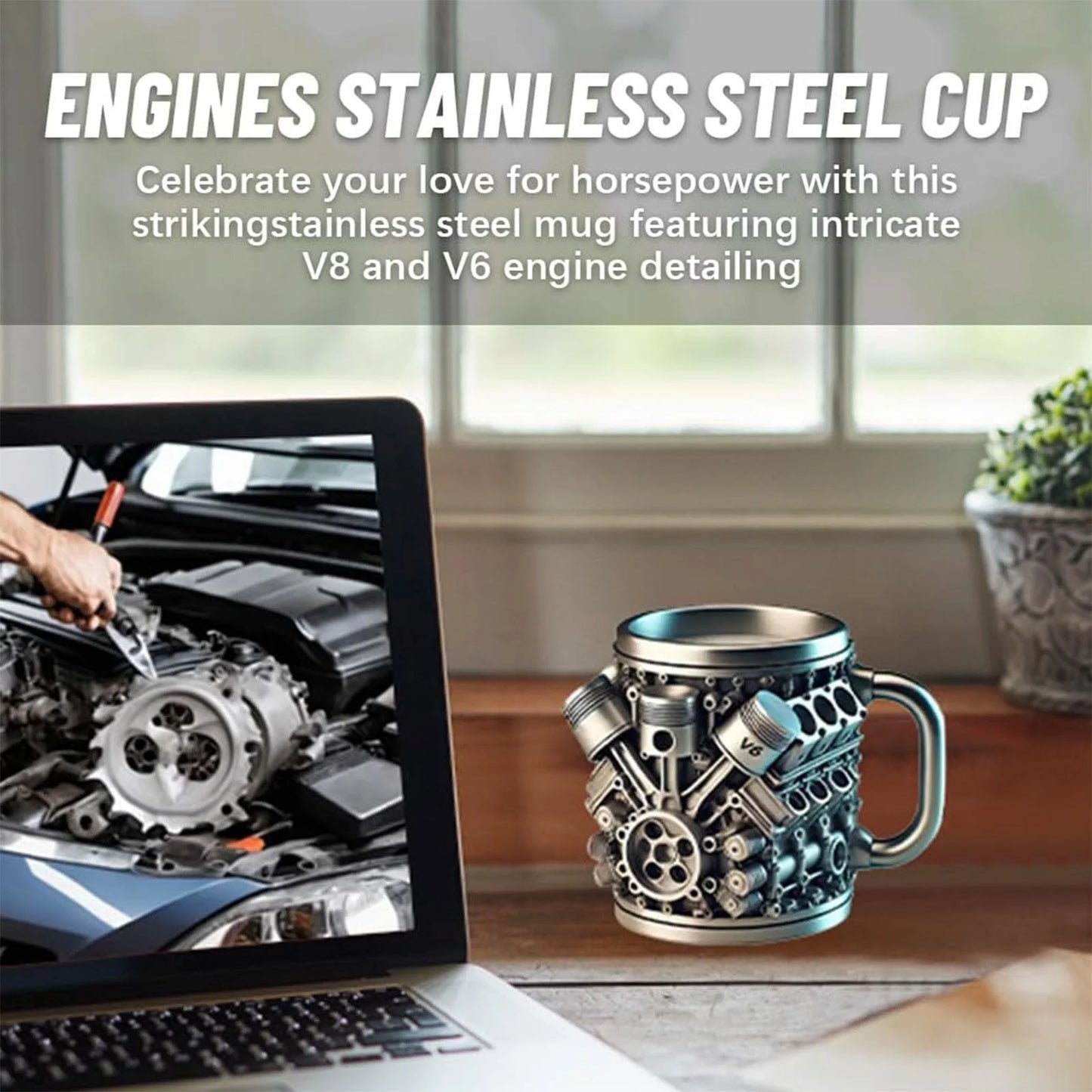 V8 Engines Stainless Steel 7 OZ Insulated Handle Coffee Mug - Creative Automotive Engine Design