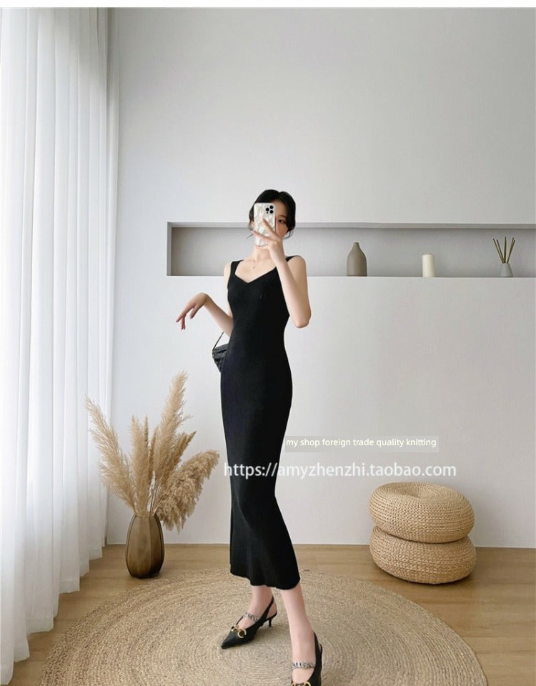 Autumn and Winter V-neck Slim-Fit Sleeveless Sling Fishtail Dress Sweater