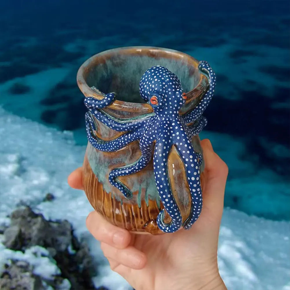New Deep Blue Octopus Mug Handmade Statue Sea Animal Mug With Handle Novelty Coffee Milk Tea Juice Hot and Cold Drinkware Cup