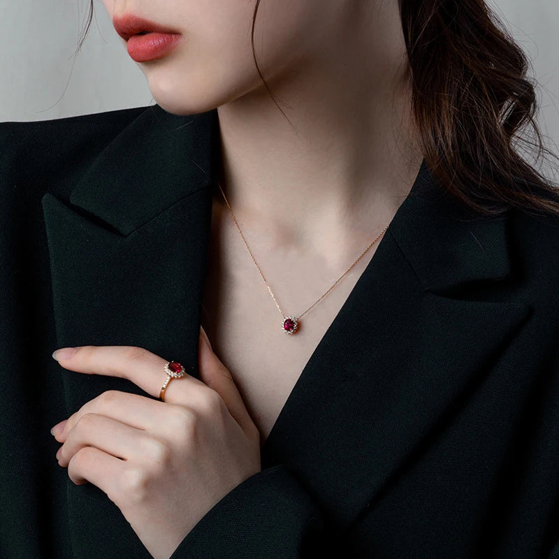 Metiseko 925 Sterling Silver Ruby Colour Chain Necklace Garnet Red Cubic Zirconia Retro Style Necklace Waterproof for Women