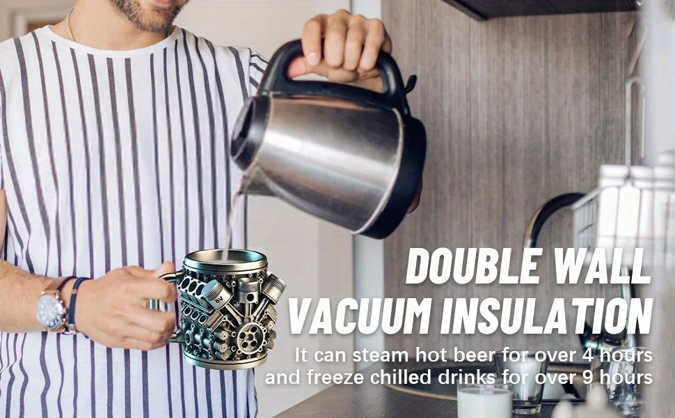 V8 Engines Stainless Steel 7 OZ Insulated Handle Coffee Mug - Creative Automotive Engine Design
