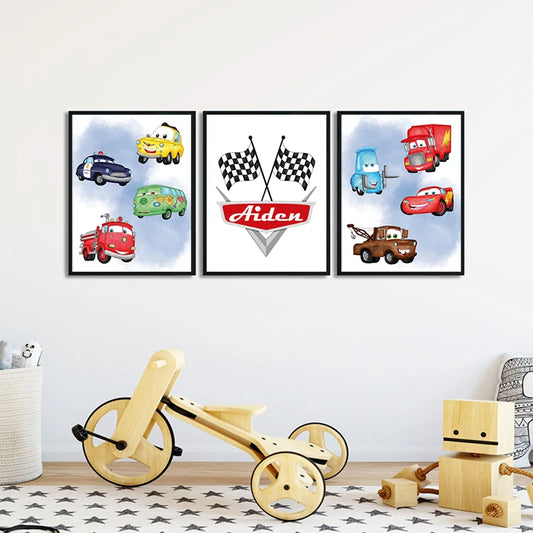 Lightning McQueen Cartoon Personalized Name Print Cars Animation Poster Kids Gifts Decoration Canvas Painting Boys Room Decor