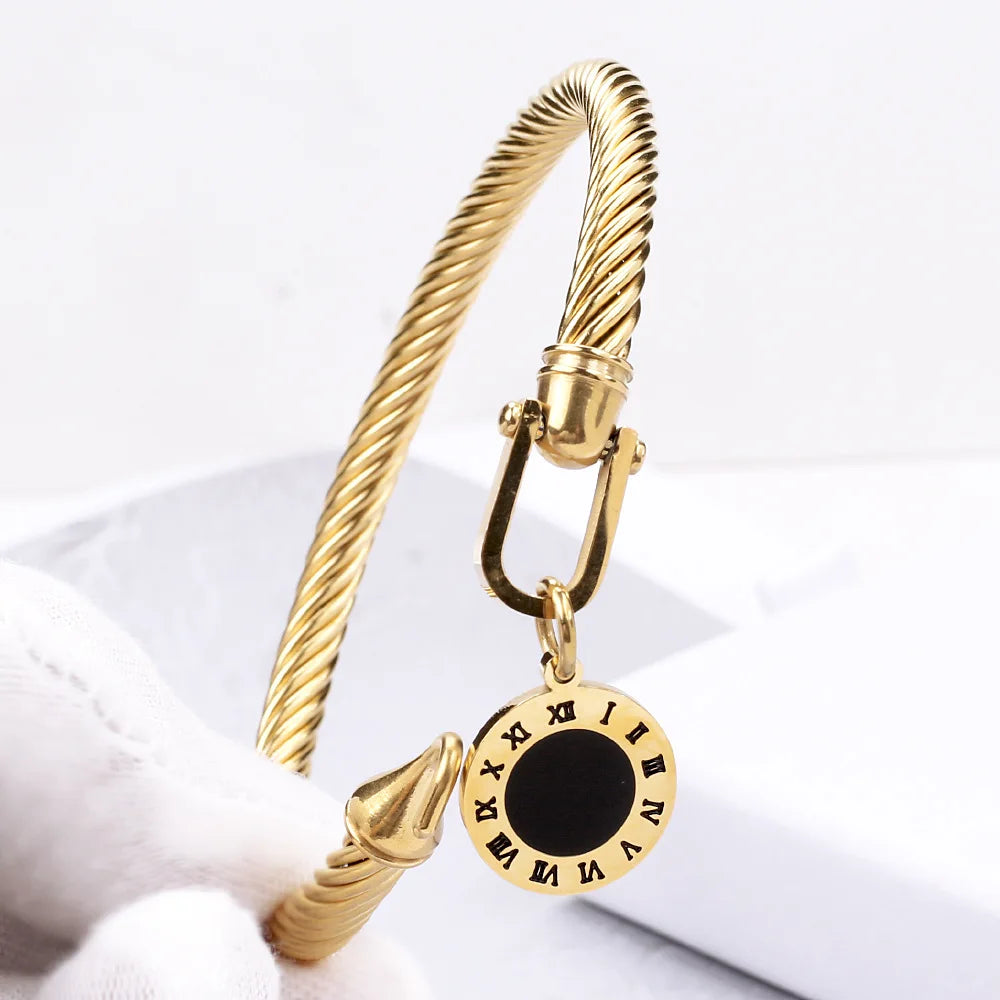 316L Stainless Steel Wire Rope Roman Digital Hang Buckle Bracelet Bangle Woman Jewelry ,Birthday Gifts,Party Gifts