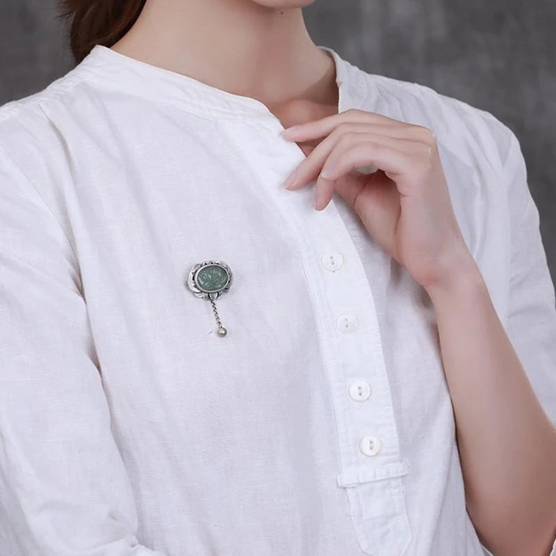 Original designer craftsmanship natural Hetian jasper pendant brooch Chinese style retro unique charm brand silver jewelry