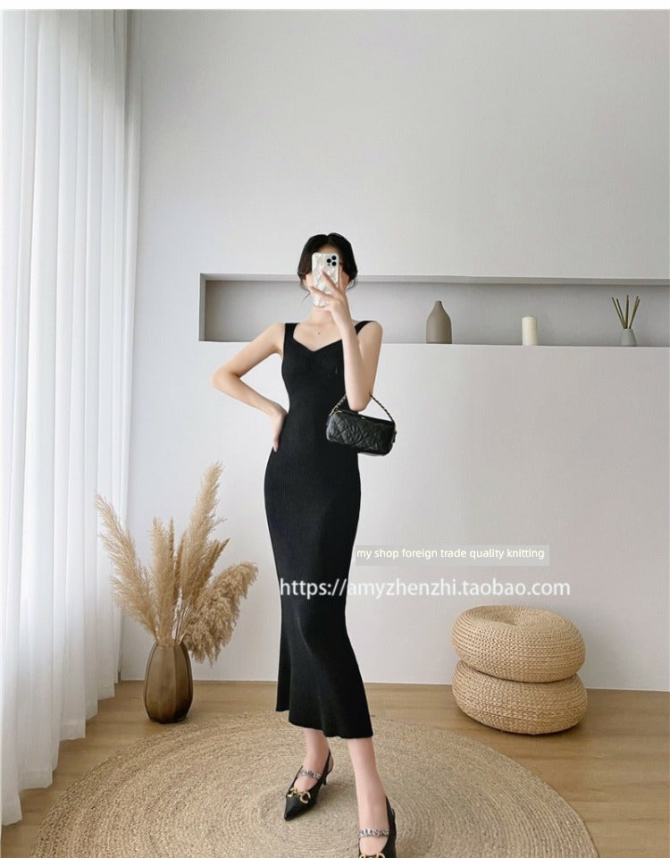Autumn and Winter V-neck Slim-Fit Sleeveless Sling Fishtail Dress Sweater