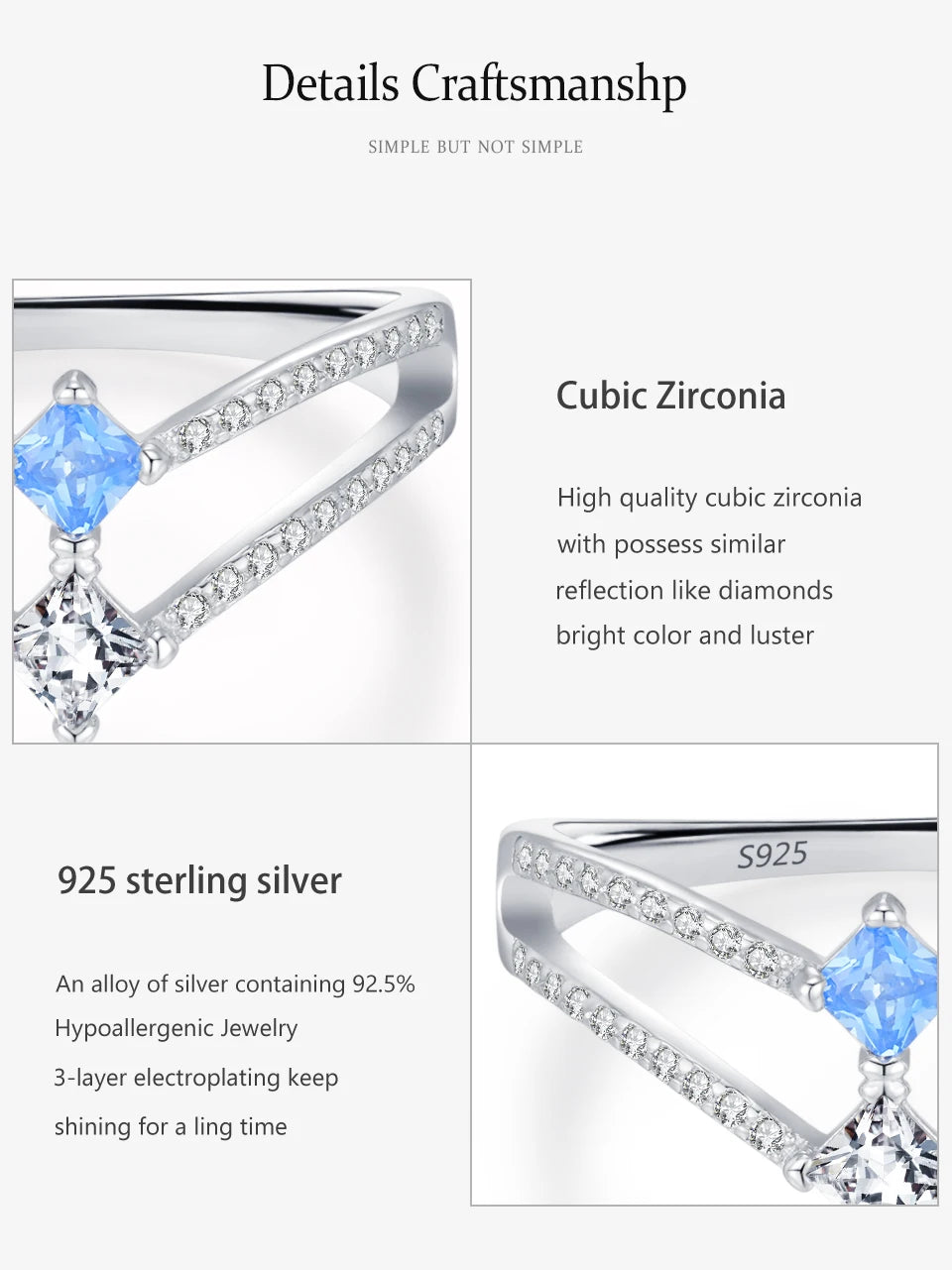 Ailmay 925 Sterling Silver Double-Layer Water Droplet Shaped Blue & White Zircon Ring For Women Personality Gift Party Jewelry