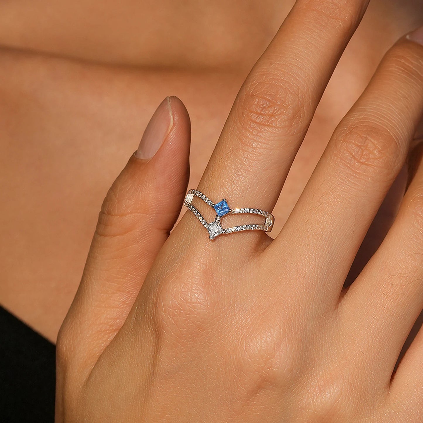 Ailmay 925 Sterling Silver Double-Layer Water Droplet Shaped Blue & White Zircon Ring For Women Personality Gift Party Jewelry