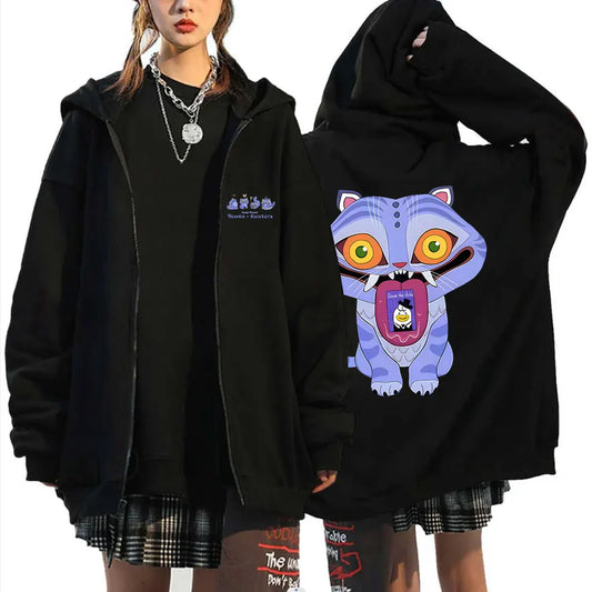 Kpop Demon Hunters Derpy Tiger Zipper Hoodie Men Women Fashion Cartoon Trend Zip Up Hoodies Male Vintage Casual Fleece Jacket