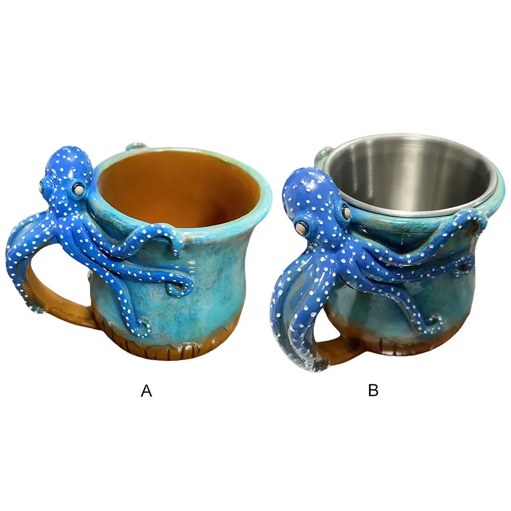 New Deep Blue Octopus Mug Handmade Statue Sea Animal Mug With Handle Novelty Coffee Milk Tea Juice Hot and Cold Drinkware Cup