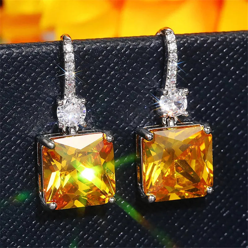 925 Sterling Silver Yellow Cubic Zirconia Dangle Earrings Women Wedding Ceremony Party Bridal Accessories Trend Jewelry