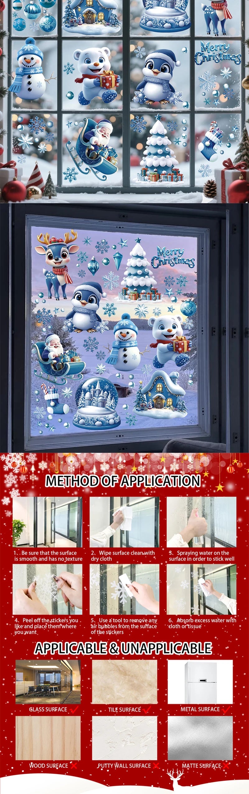 Christmas Window Stickers Blue Theme - Static Cling Snowman Snowflake Decals for Glass Doors, Shop Displays & Home Decor