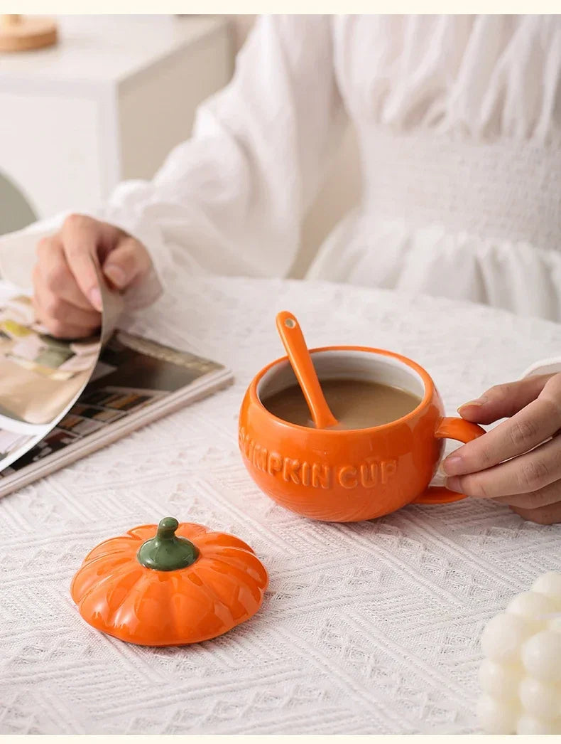 Pumpkin Mug Ceramic with Lid with Spoon Coffee Cups Milk Tea Breakfast Creative Handle Design Gift Drinkware Kitchen Halloween