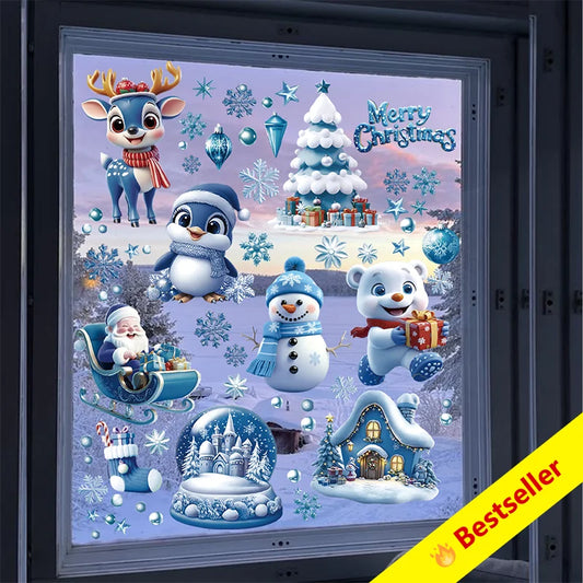 Christmas Window Stickers Blue Theme - Static Cling Snowman Snowflake Decals for Glass Doors, Shop Displays & Home Decor