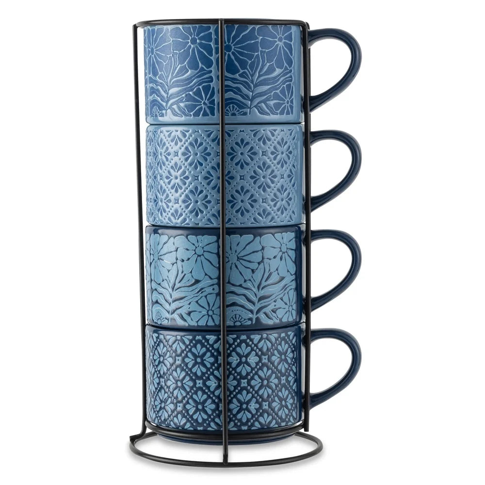 4 Pack Stackable Mugs Floral Geometric Patterns Stoneware Dishwasher Microwave Safe Coffee Tea Drinkware Space Saving Kitchen