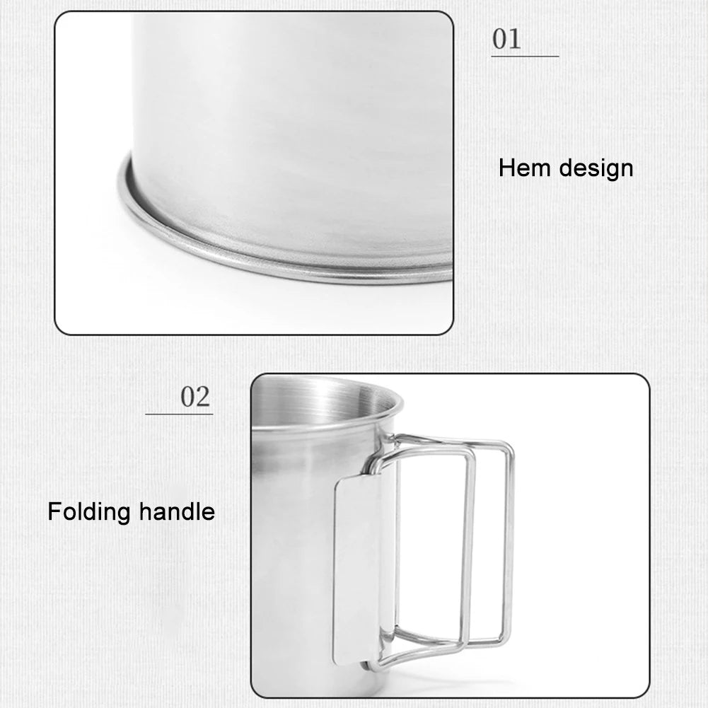 Camping Water Cup with Foldable Handle Tea Beer Coffee Mug Stainless Steel Portable Camping Cup for Outdoor Use