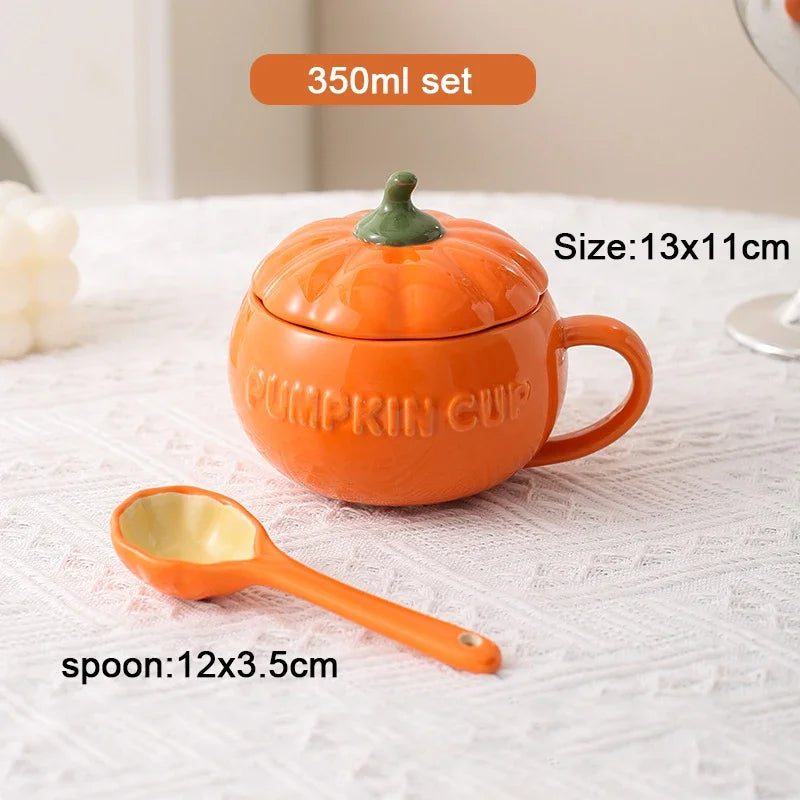 Pumpkin Mug Ceramic with Lid with Spoon Coffee Cups Milk Tea Breakfast Creative Handle Design Gift Drinkware Kitchen Halloween