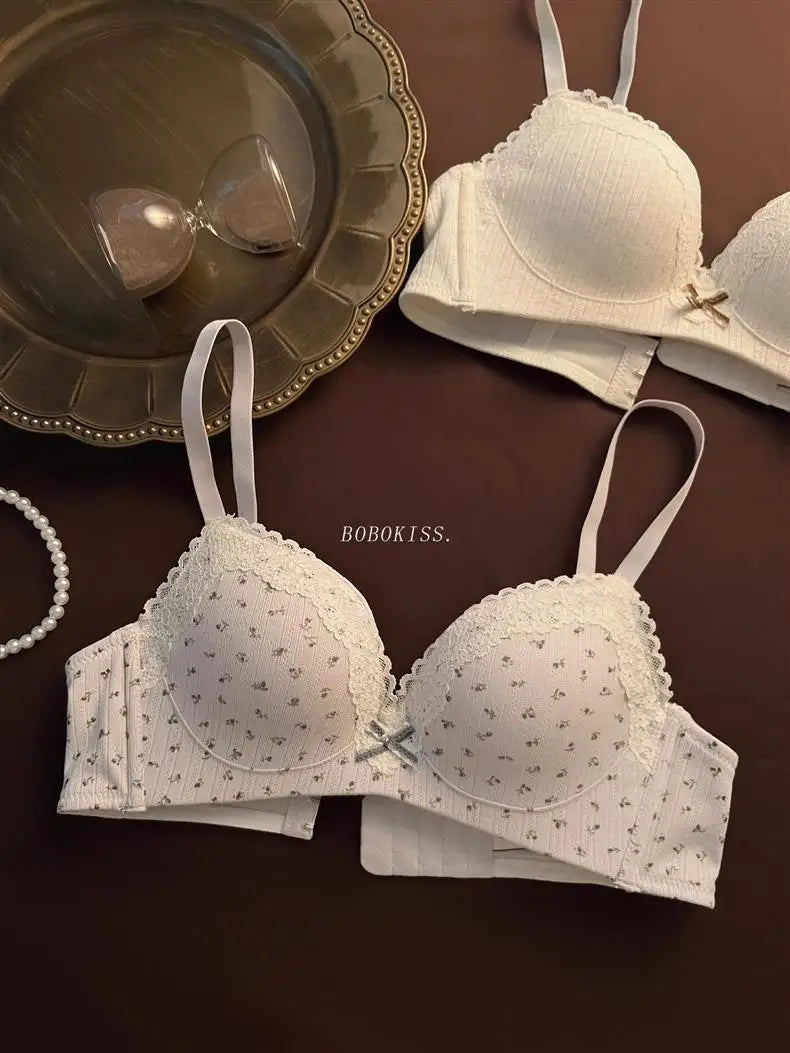 Lace Edge Sexy Lingerie Women's Small Breasts Gather No Wire Anti-Sag Bra Set