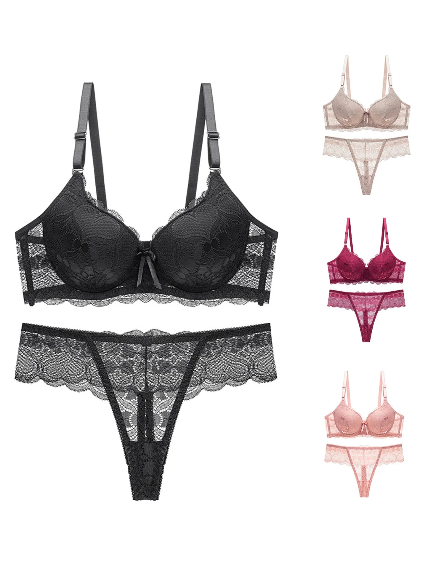 Women s Floral Lace Lingerie Set Sheer Mesh Seductive Babydoll Push up Bra and Panty 2 Pcs Set with Garter Belt
