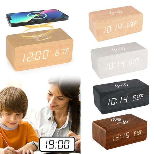 Wooden Desk Digital Clock Phone Chargers LED Display Temperature Wooden Digital Alarm Clock Wireless Charger Desk Table Clocks