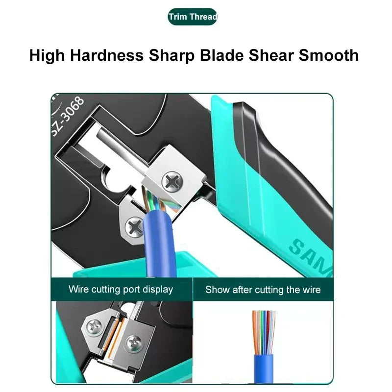 SAMZHE RJ45 Crimp Plier Pass Through Crimper Stripper Cutter for Cat7 Cat6 Cat5e 8P8C Modular Connector Ethernet Wire Tool