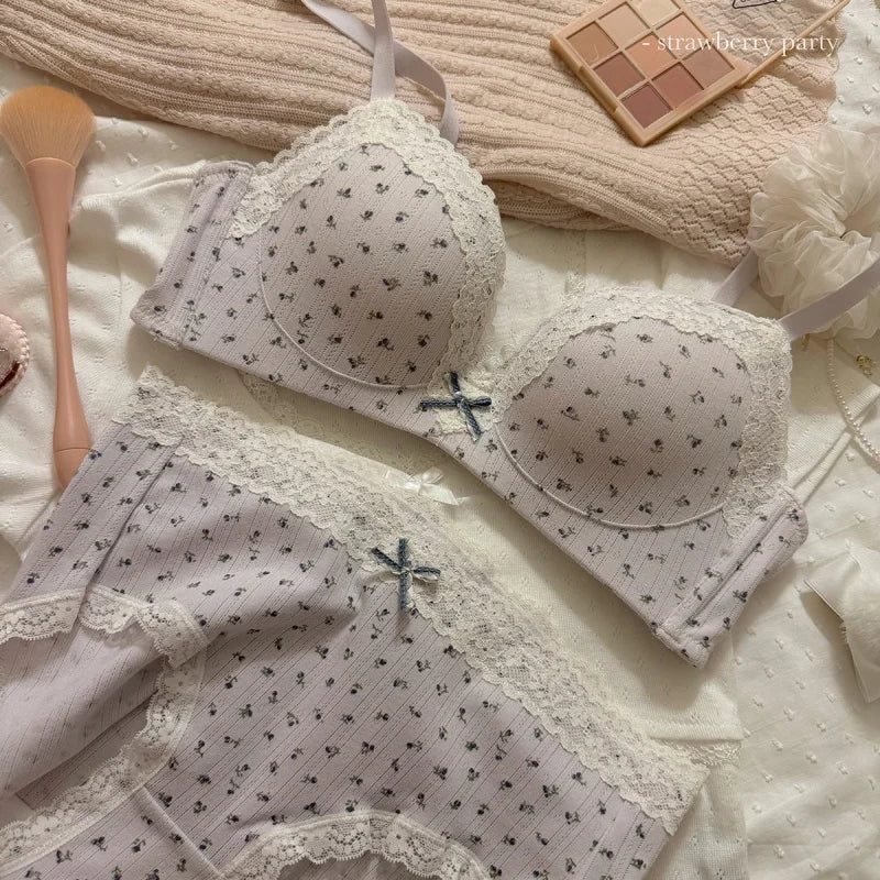 Lace Edge Sexy Lingerie Women's Small Breasts Gather No Wire Anti-Sag Bra Set