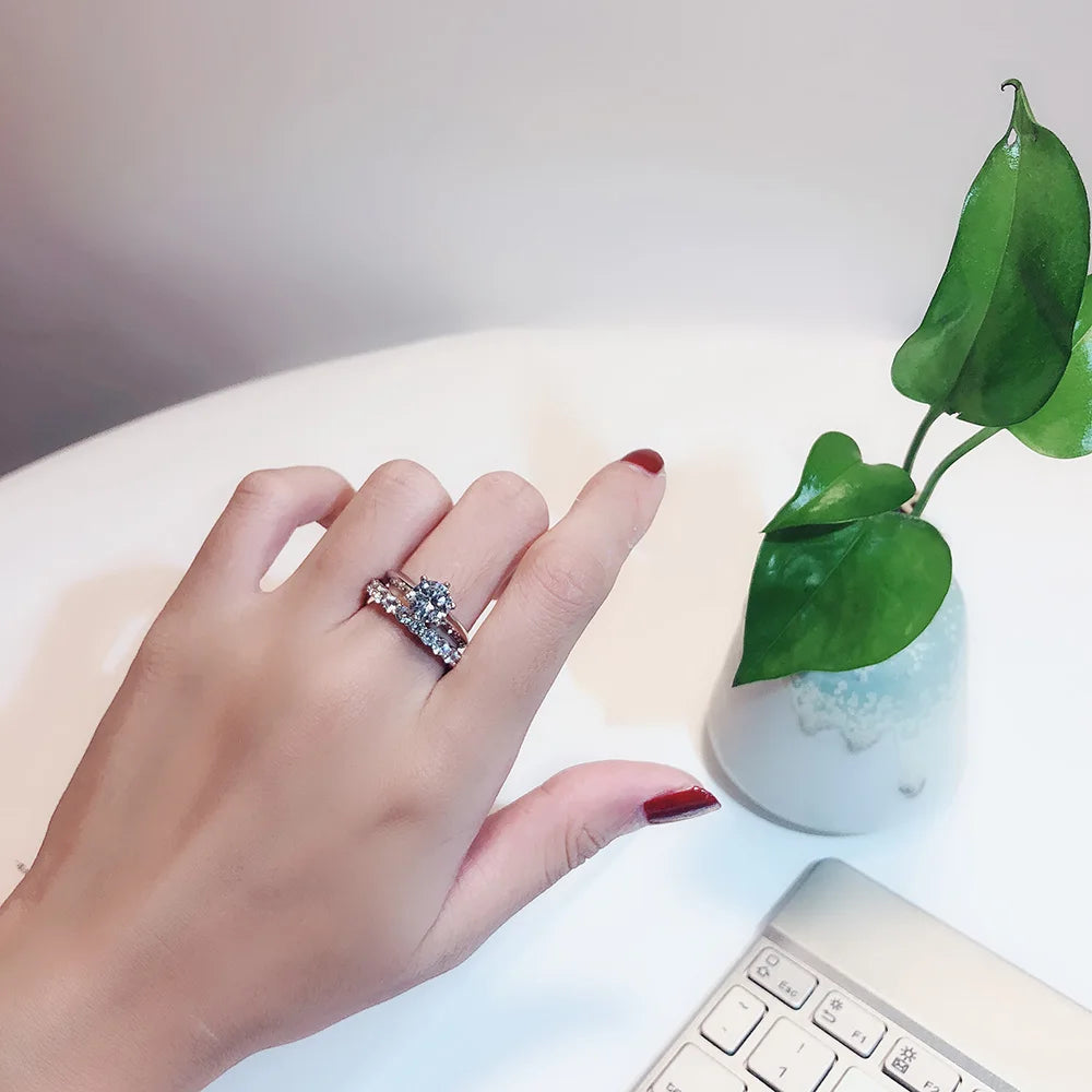 Solitaire 1ct Diamond Ring sets Real S925 Sterling Silver Jewelry Engagement Wedding band Rings for Women Bridal Party accessory