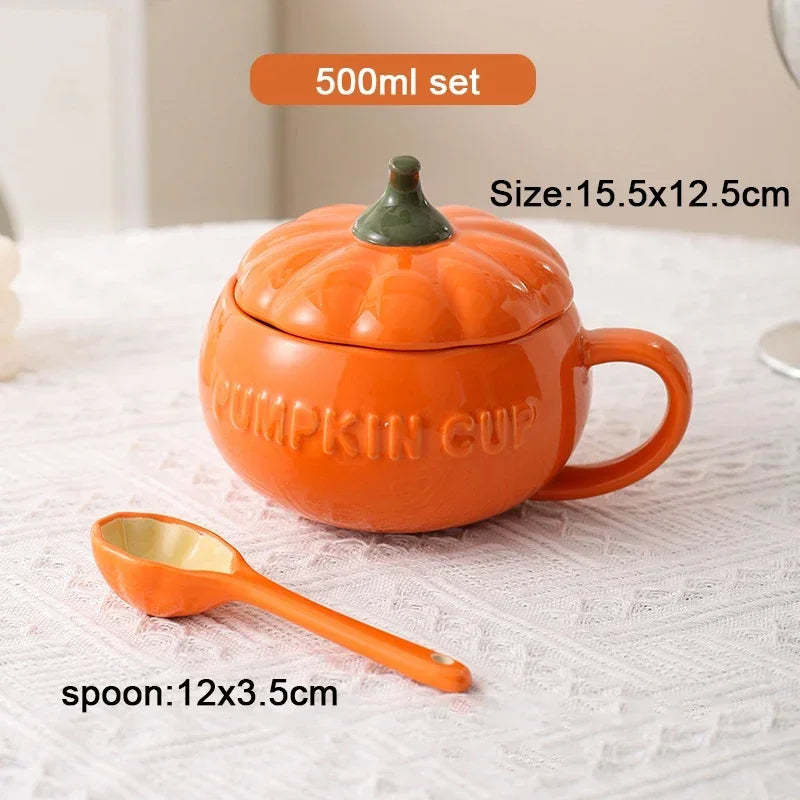 Pumpkin Mug Ceramic with Lid with Spoon Coffee Cups Milk Tea Breakfast Creative Handle Design Gift Drinkware Kitchen Halloween