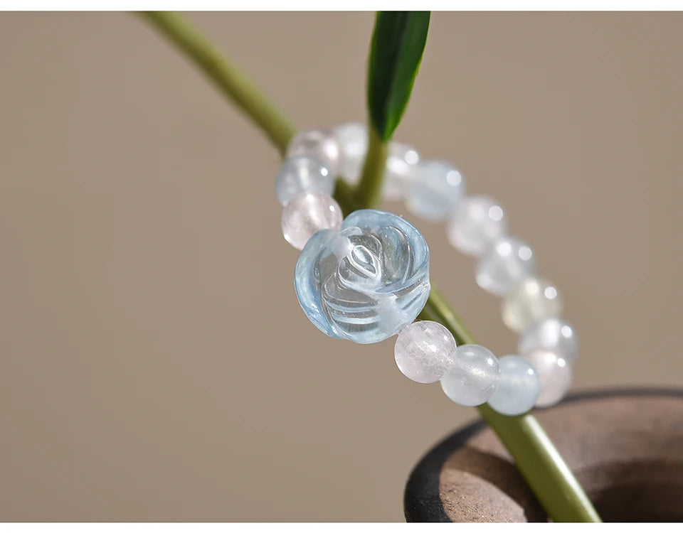 Lotus Fun Natural Stone Aquamarine Crystal Round Beads Rose Flower Extendable Rings for Women High Quality Wedding Fine Jewelry