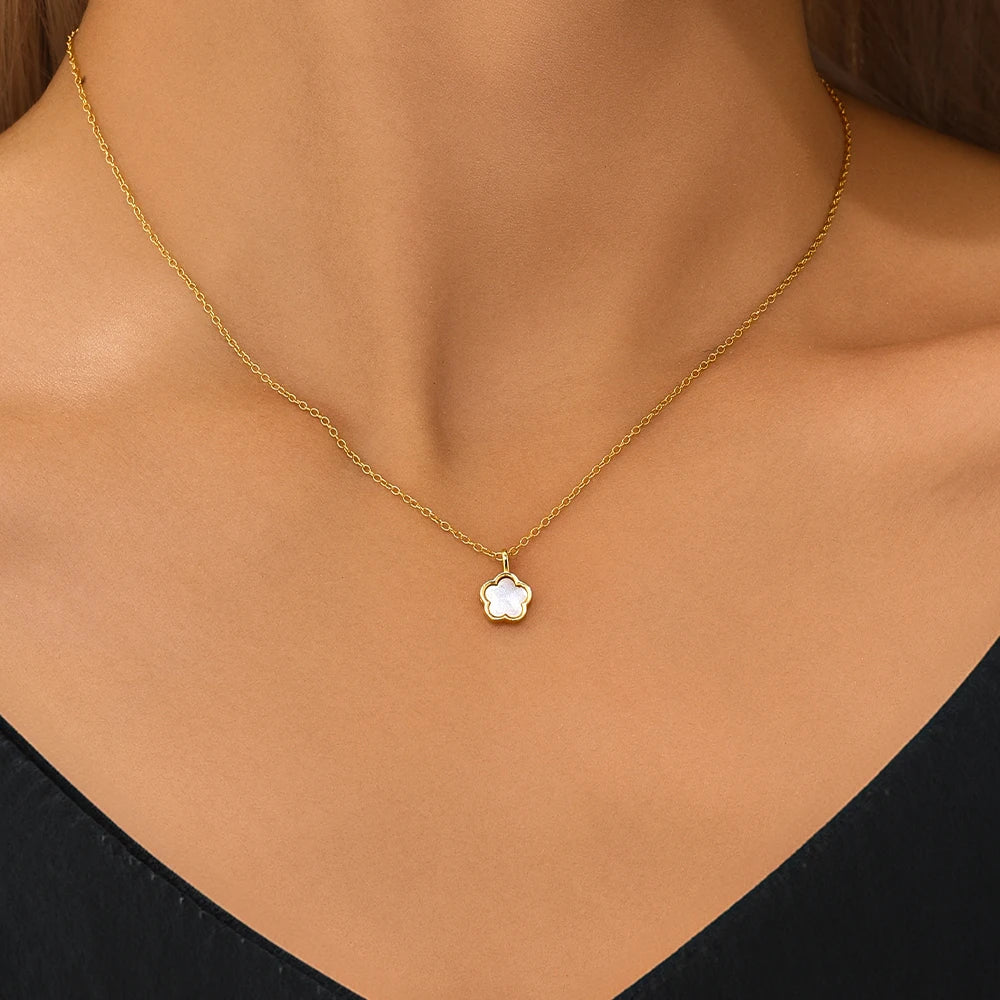 LENNIK 100% 925 Sterling Silver Women necklace plated with Exquisite five petal flower hollowed out white shell zircon plata 925
