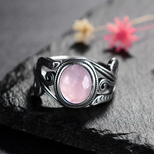Natural 8x10MM Rose Quartz  Rings Vintage S925 Silver Finger Ring for Women Gift Luxury Rhodochrosite Stone Jewelry