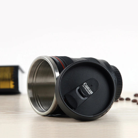 350mL Creative Telephoto Lens Shape Coffee Tea Mug with Lid Stainless Steel