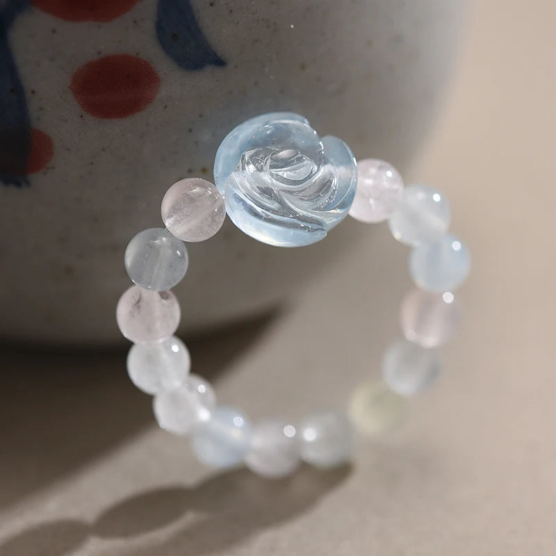 Lotus Fun Natural Stone Aquamarine Crystal Round Beads Rose Flower Extendable Rings for Women High Quality Wedding Fine Jewelry