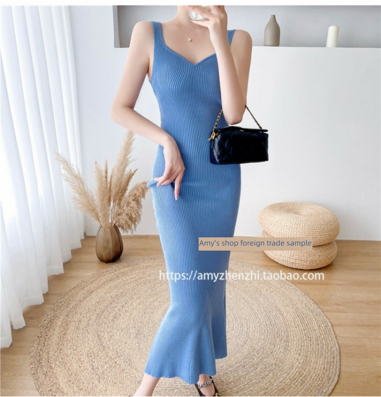 Autumn and Winter V-neck Slim-Fit Sleeveless Sling Fishtail Dress Sweater