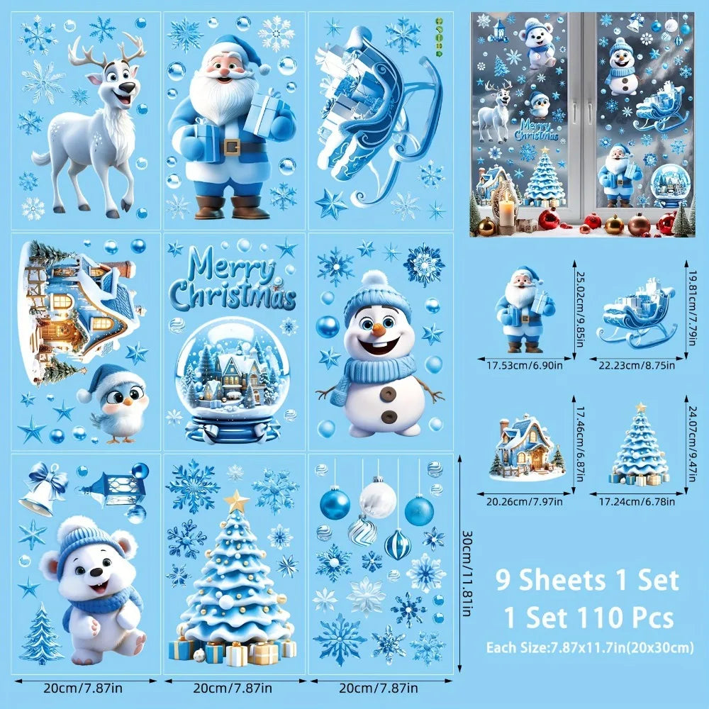 Christmas Festive Window Clings 9 Sheets/110pcs Merry Christmas Stickers for Glass Windows - Snowflake, Reindeer, Santa