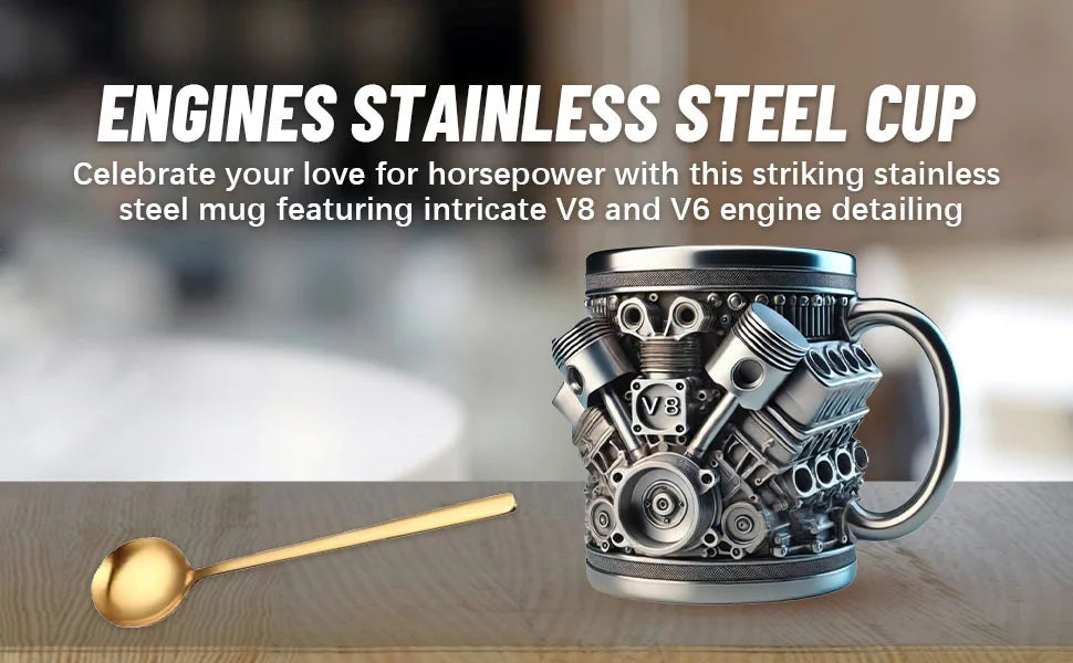 V8 Engines Stainless Steel 7 OZ Insulated Handle Coffee Mug - Creative Automotive Engine Design
