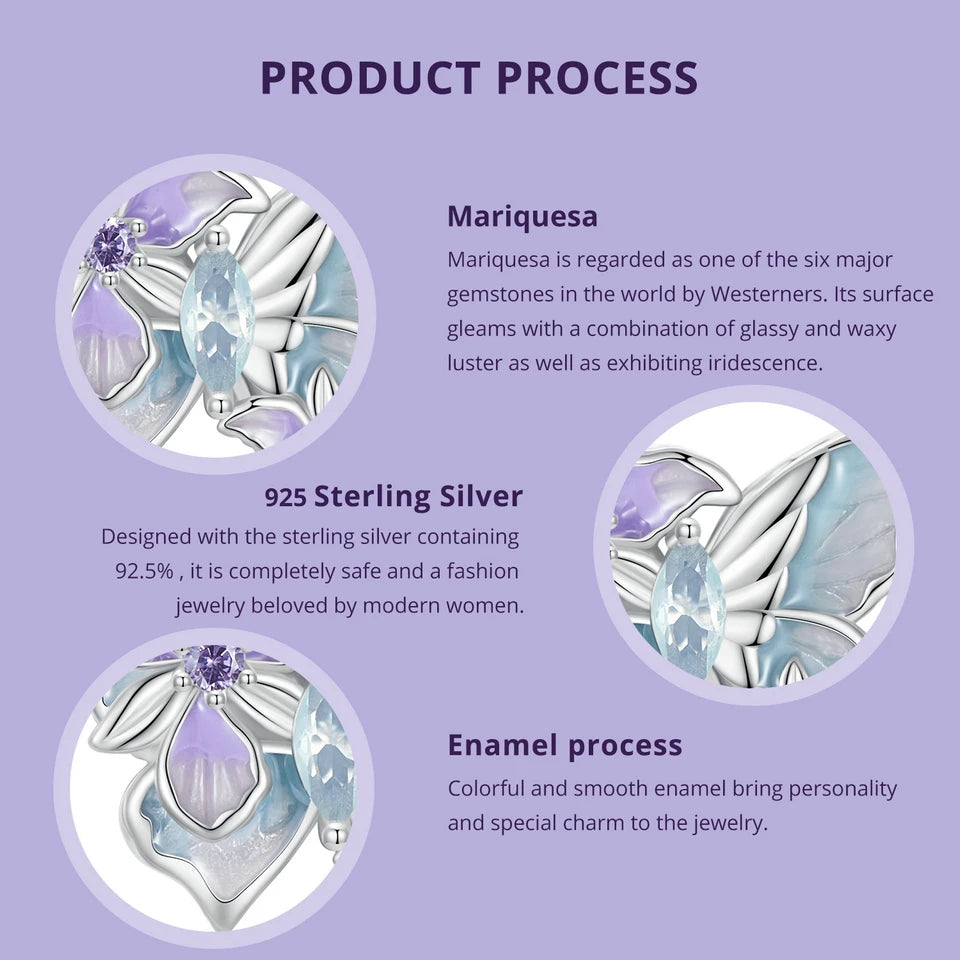 Bamoer 100% 925 Sterling Silver Romantic Crystal Butterfly Iris Charm For Women Fit Bracelet DIY Necklace Fine Jewelry Gift