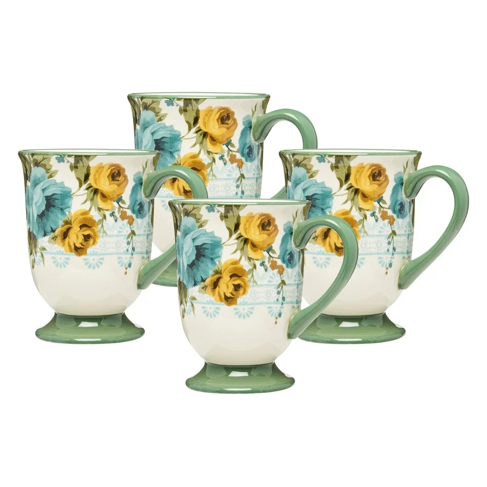 Floral Stoneware Latte Mug Set 18oz Four Pieces Microwave Safe Elegant Design Perfect Coffee Tea Home Entertaining