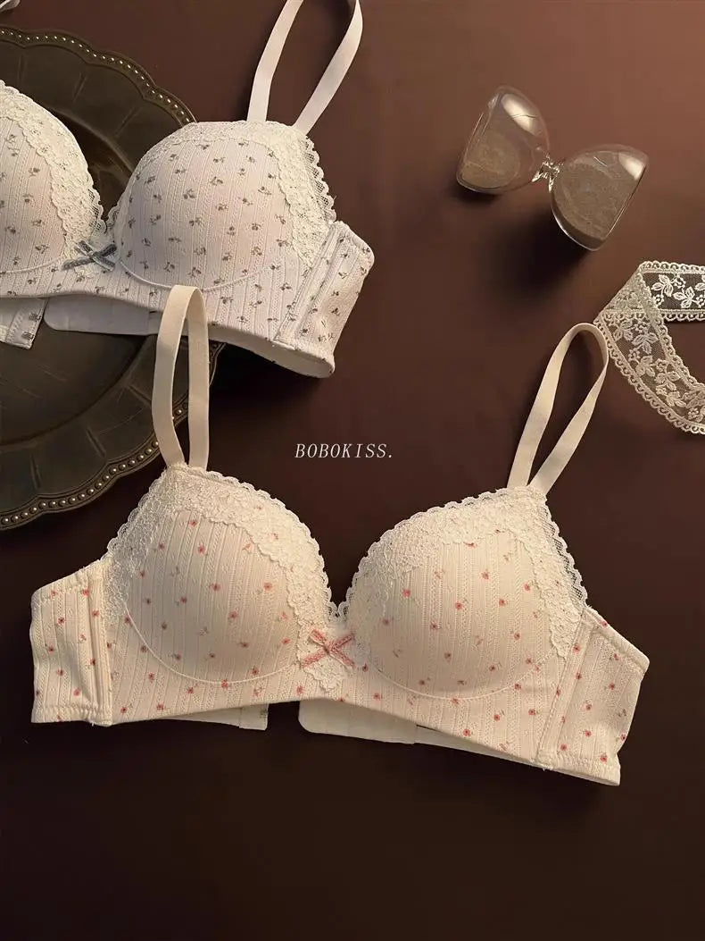 Lace Edge Sexy Lingerie Women's Small Breasts Gather No Wire Anti-Sag Bra Set