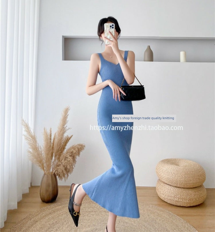 Autumn and Winter V-neck Slim-Fit Sleeveless Sling Fishtail Dress Sweater
