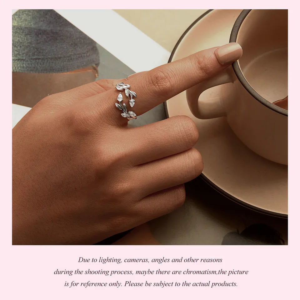 WOSTU 925 Sterling Silver Leaves Open Ring With Zircon For Women's Dating Daily Parties Fine Jewelry Gifts Dainty Trendy Jewelry