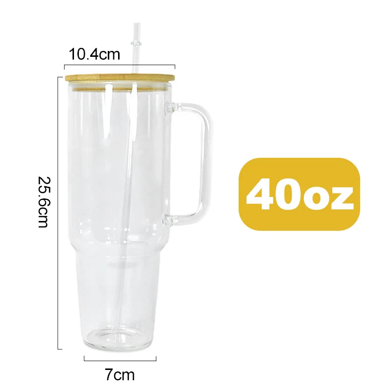 12pcs 40oz Clear Glass Sublimation Coffee Tumbler Travel Glass Mug With Handle Hu