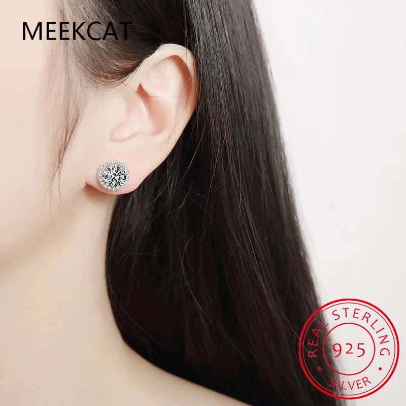 Zircon Moissanite Diamond Stud Earrings for Women Real 925 Sterling Silver Round Halo Earrings Luxury Wedding Fine Jewelry