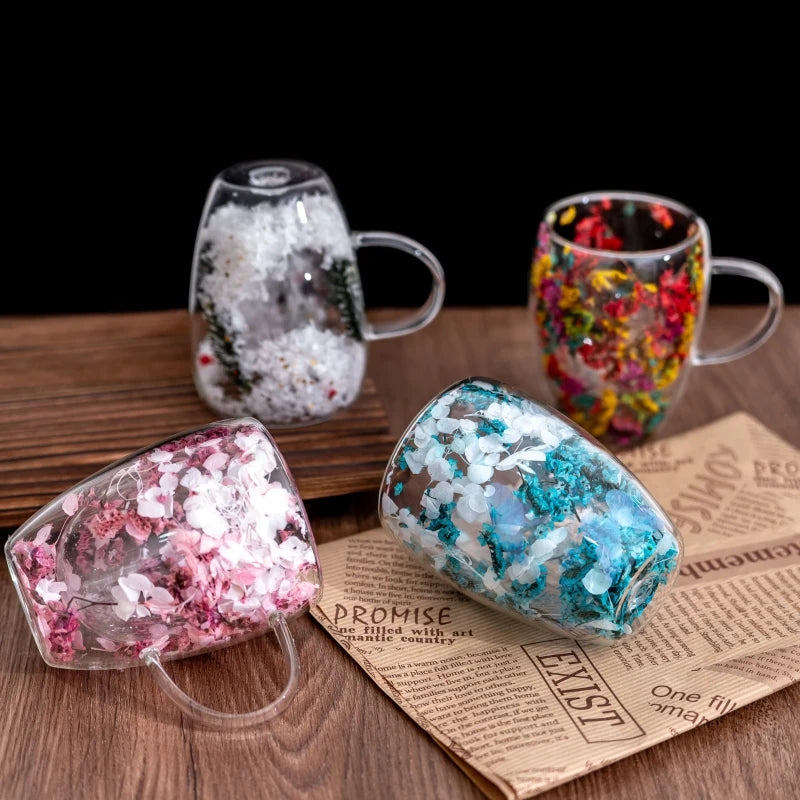 4 pieces of aesthetic dried flower double-layer glass coffee cups, cute tea cups with handles, heat-resistant and durable