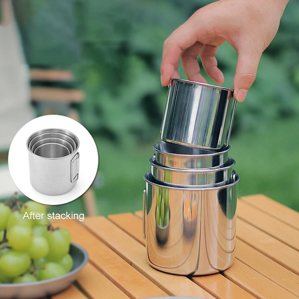 Camping Water Cup with Foldable Handle Tea Beer Coffee Mug Stainless Steel Portable Camping Cup for Outdoor Use