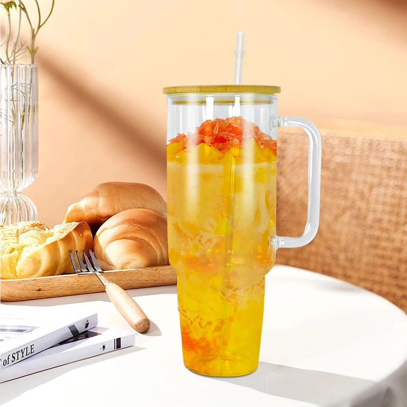 12pcs 40oz Clear Glass Sublimation Coffee Tumbler Travel Glass Mug With Handle Hu