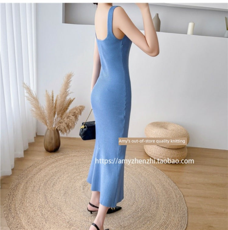 Autumn and Winter V-neck Slim-Fit Sleeveless Sling Fishtail Dress Sweater