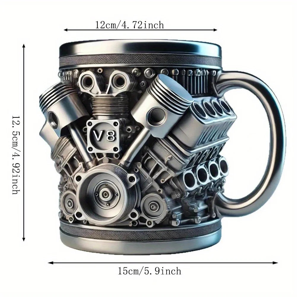 V8 Engines Stainless Steel 7 OZ Insulated Handle Coffee Mug - Creative Automotive Engine Design