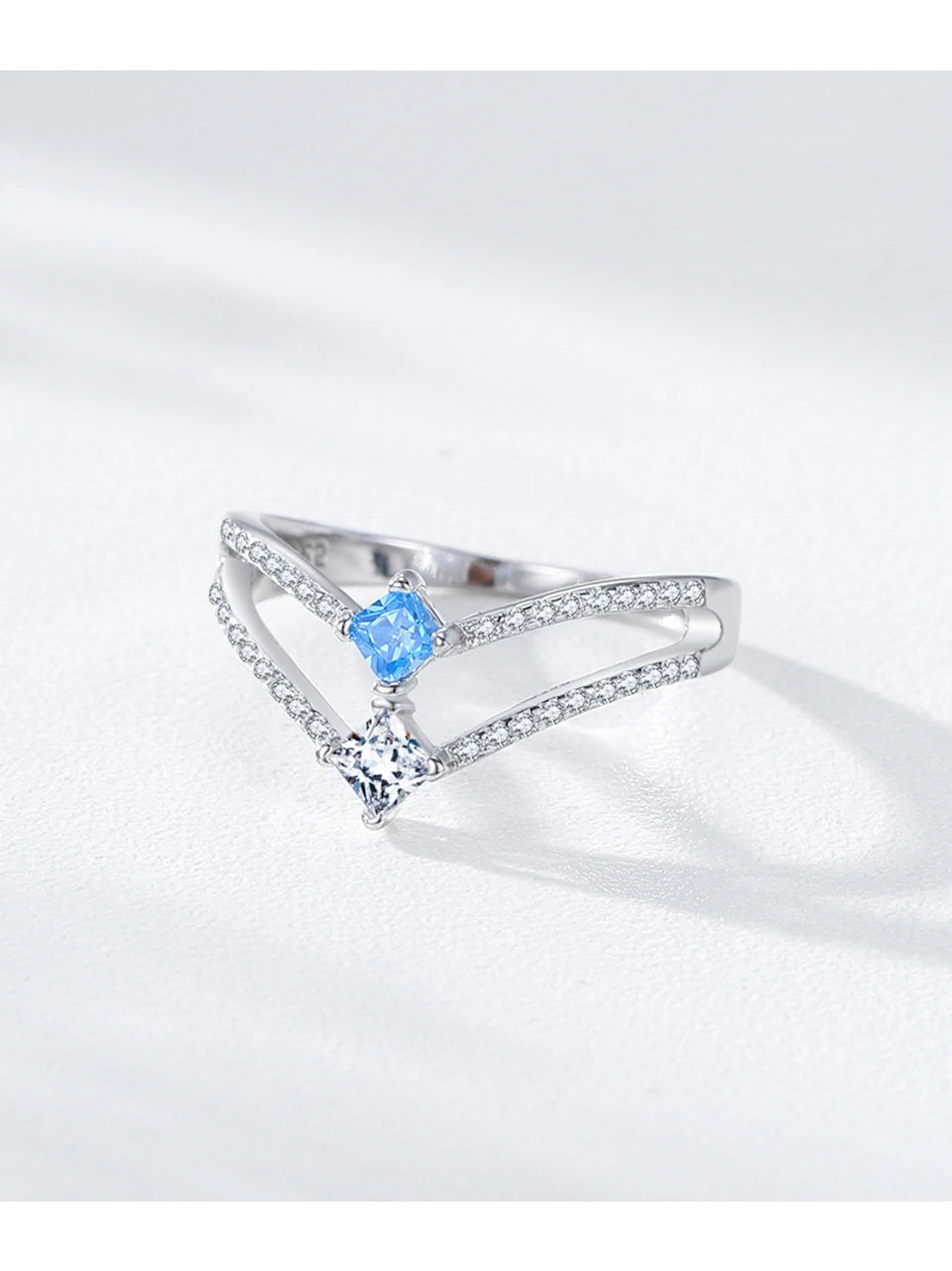 Ailmay 925 Sterling Silver Double-Layer Water Droplet Shaped Blue & White Zircon Ring For Women Personality Gift Party Jewelry