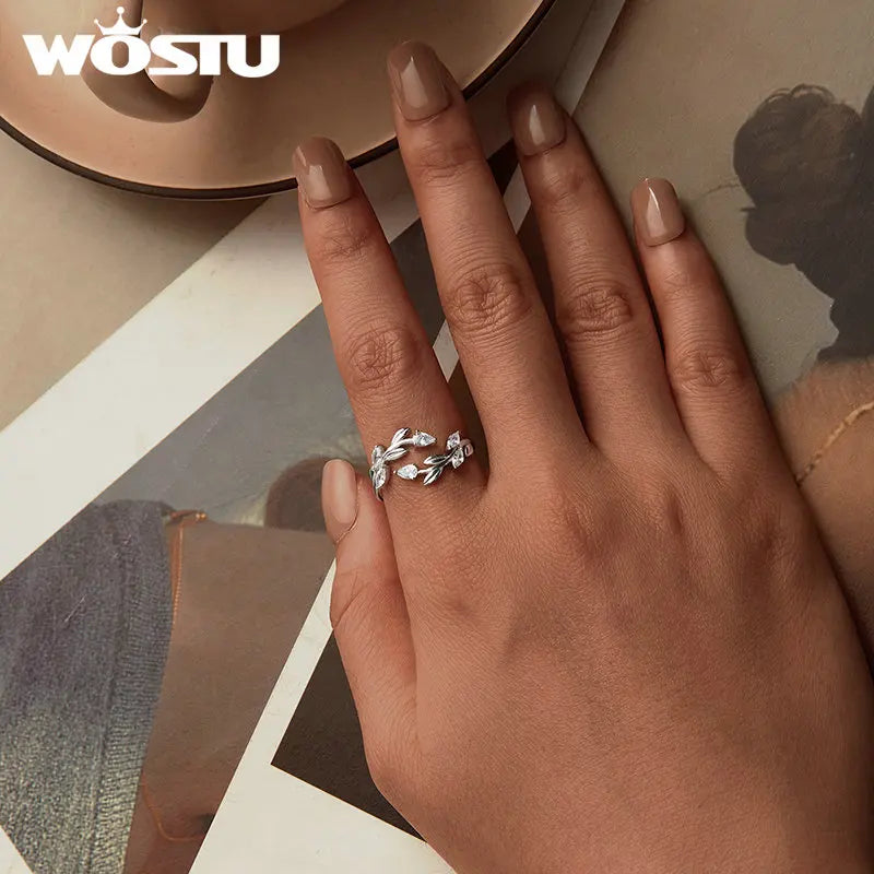 WOSTU 925 Sterling Silver Leaves Open Ring With Zircon For Women's Dating Daily Parties Fine Jewelry Gifts Dainty Trendy Jewelry